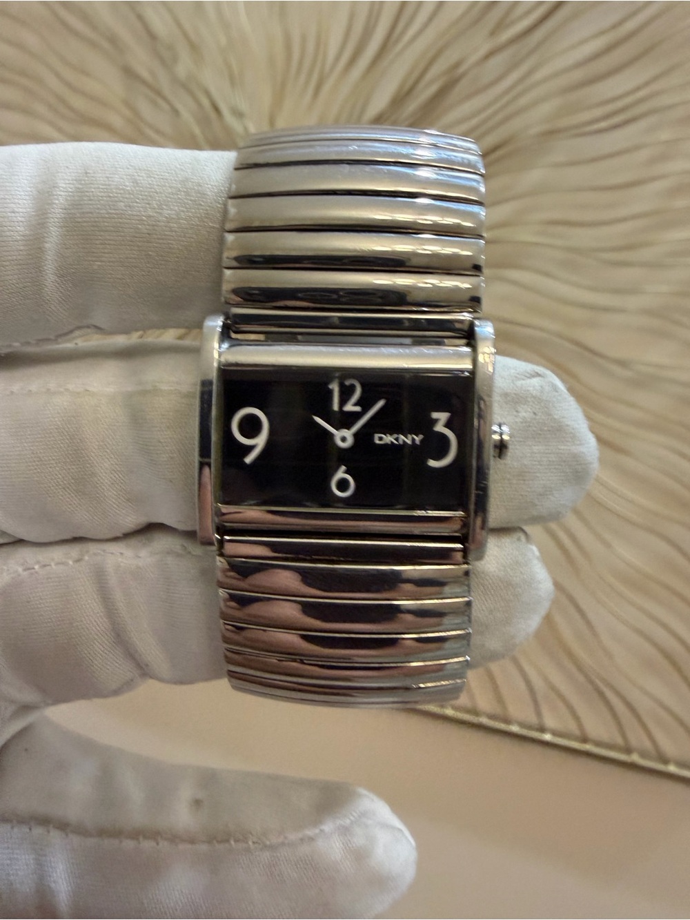 Vintage DKNY Silver Expansion Cuff Bracelet Watch Black Dial NY-4163